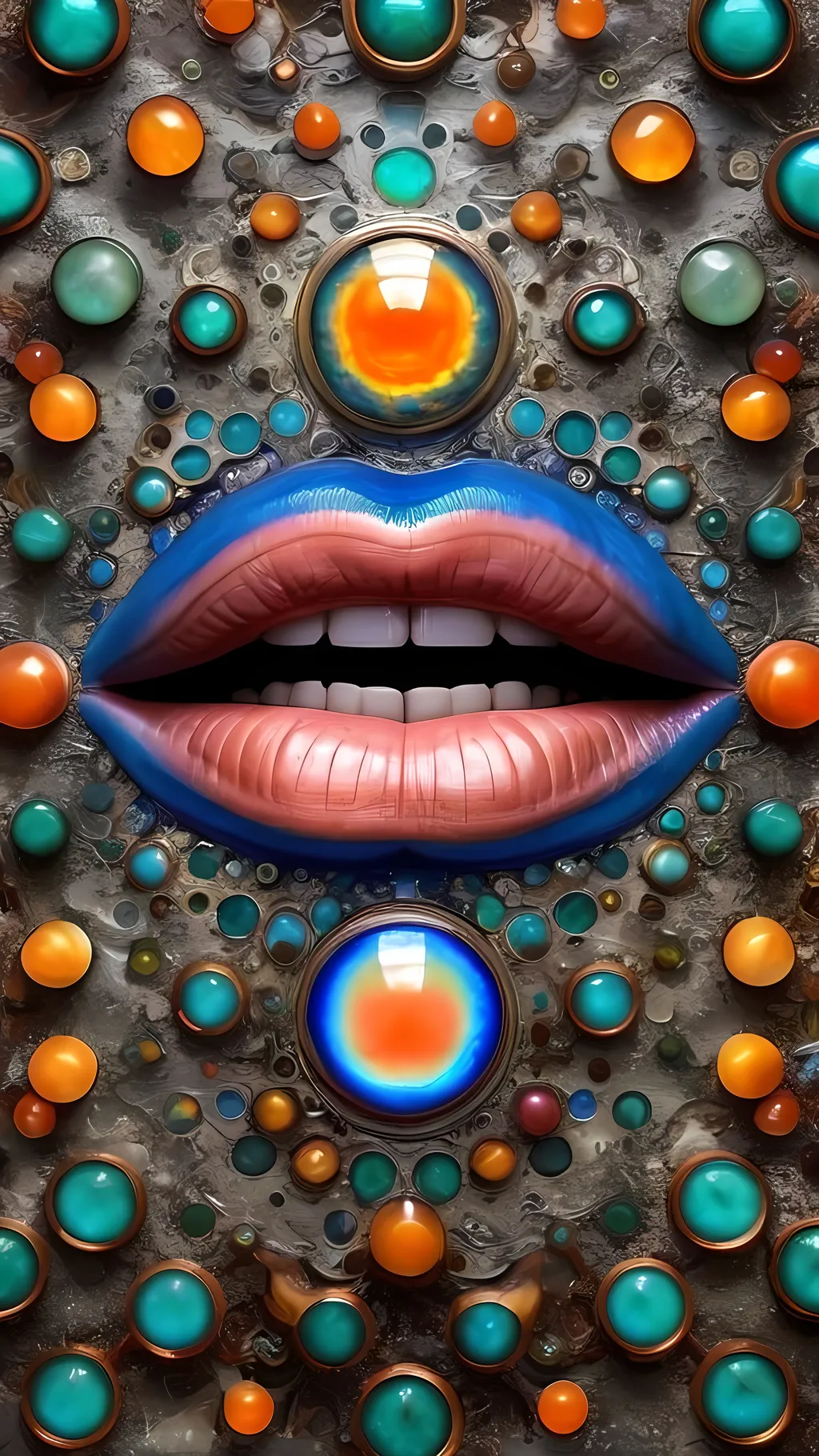 Prompt: Create an extremely hyper-realistic, ultra super textural, weird, trippy, surreal, psychedelic eyes/teeth/mouth pattern/design based on “metatron’s Cube” with lots of human eyes (crazy colorful compound psychedelic), rows of human teeth, human lips, and tongues. 

- **Colors**: determined by the properties and expressions of the elements (& their isotopes), minerals, and metals: Nickel (Ni), Aventurine, Chrysoberyl

**Shapes and forms**
- “Metatron's Cube”
-other shapes determined by the natural properties and expressions of the elements (& their isotopes), minerals, metals, and biological organisms: diatoms, Nickel (Ni), Aventurine, Chrysoberyl


- **Textures**: Derived from any/all elements (& their isotopes), minerals, metals, crystals, organic things mentioned in this prompt: “Metatron's Cube” Nickel (Ni), Aventurine, Chrysoberyl

**Composition and Layout**:
- a pattern/design based on the “Metatron's Cube”

**Lighting**lots and lots of bright shining reflective light
- Trichroism


**Detail and Atmosphere**:
- Extreme hyperrealistic sharp high detail high definition organic and mineral textures
- Psychedelic, weird, odd, surreal atmosphere
- Frozen in time

**Additional Elements**:
- extra rows of teeth, lips, many eyes, diatoms, “Metatron's Cube” , Aventurescence, Chatoyancy
