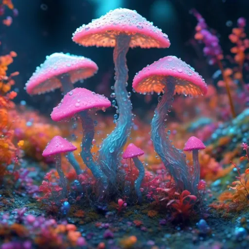 Prompt: <mymodel> an extremely hyper realistic ultra textural psychedelic fungus creature, monster, entity, head, body, limbs, eyes, chromataphors. glowing, bioluminescent, dewdrops, dew, droplets, trippy, surreal, odd, cute, small, mushrooms, mycelium, fungus, lots of light, translucent, bright pastel colors, lots of trippy psychedelic eyes, human teeth