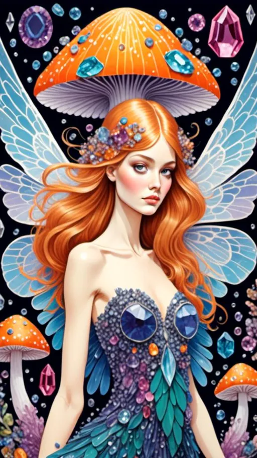 Prompt: <mymodel>Beautiful fairy made of gemstones and crystals, mushroom and crystal theme, inlaid gemstone and crystal details, high quality, fantasy, magical, vibrant colors, ethereal lighting, detailed wings and hair, jewel-toned, sparkling, enchanting atmosphere, whimsical, fantasy illustration, intricate details