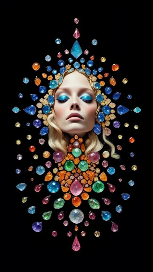 Prompt: <mymodel>Blonde woman with long curly hair, giant gem set eyes, psychedelic hallucination, rainbow fractals, geometry, inlaid precious gemstones, crystals, high quality, surreal, gemstone mosaic, detailed hair, vibrant colors, hallucinatory atmosphere, mesmerizing, otherworldly, natural lighting