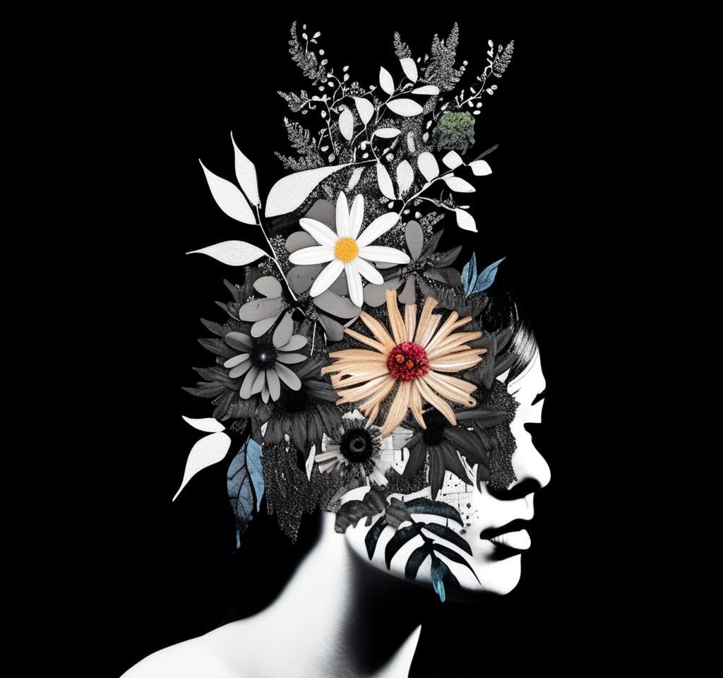 Prompt: a mixed media collage of a black and white photograph of a woman exploding with vines and leaves and flowers (mixed media in nature- paint, enamel, glitter, metallic foils and finishes, splatter, rhinestones, sequin, string, cut paper and magazine pages and more) <mymodel>seem to be blooming out of her body