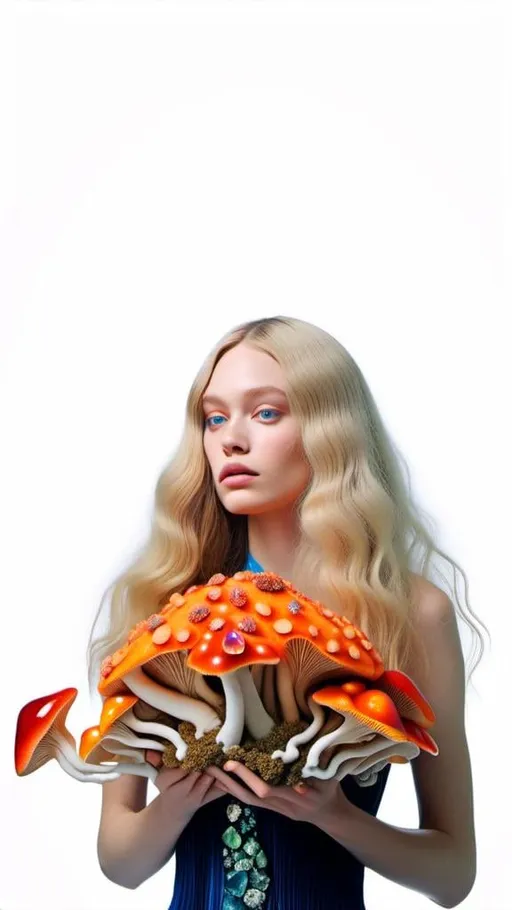 Prompt: <mymodel>Woman with long blond curly hair and mushrooms made of precious gemstones, fungal clothes encrusted with sparkling crystals, high-quality, magical realism, vibrant colors, detailed facial features, natural lighting