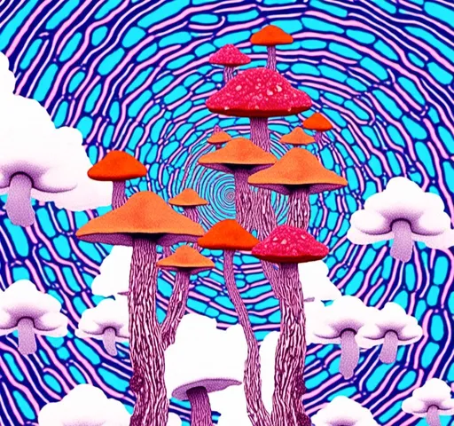 Prompt: <mymodel>Retro psychedelic collage of vibrant, 70s-inspired fungus, mushrooms, vibrant colors and patterns, surreal collage cut and paste composition, landscapes, trippy patterns, optical illusions, planets vintage analog texture, high quality, retro, psychedelic, vibrant colors, surreal, vintage, analog texture, detailed patterns, artistic