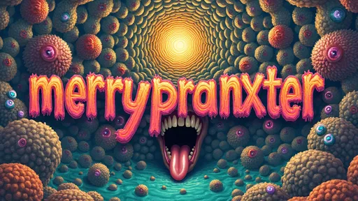 Prompt: Create the word "merrypranxter" in a psychedelic handwritten style. The background should feature an extremely hyper-realistic, ultra-textural, weird, trippy, surreal psychedelic entity. Incorporate rows of human teeth, tongues, and lips, intertwined with Saprolegnia, Hydrodictyon, Volvox, and Buckminsterfullerene. Use a palette of translucent whites, bright platinum, vibrant pinks, yellows, greens, oranges, and teals. Infuse the composition with abundant light and a multitude of colorful, compound psychedelic human eyes. Emphasize extreme high definition with organic and mineral textures, enhancing the surreal atmosphere.