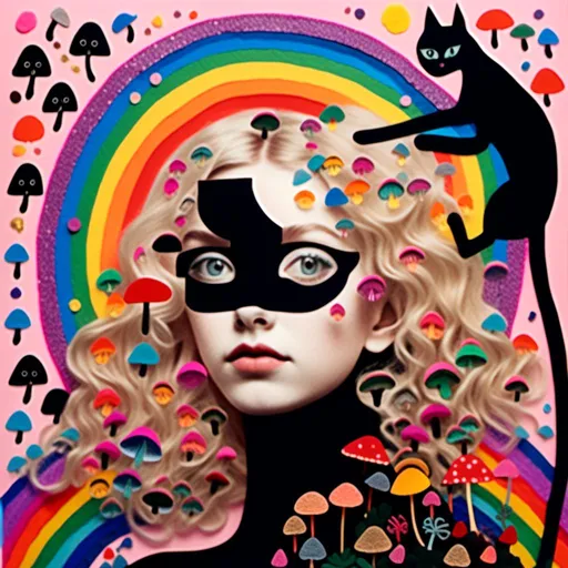 Prompt: <mymodel>Mixed media collage of girl and black cat, long blond very curly hair, solid black cat, mushrooms, rainbows, photographs, magazine paper, thread, cut quilled paper, paint, holographic foil overlay, highres, vibrant, whimsical, mixed media, detailed hair, surreal, colorful, dreamy lighting