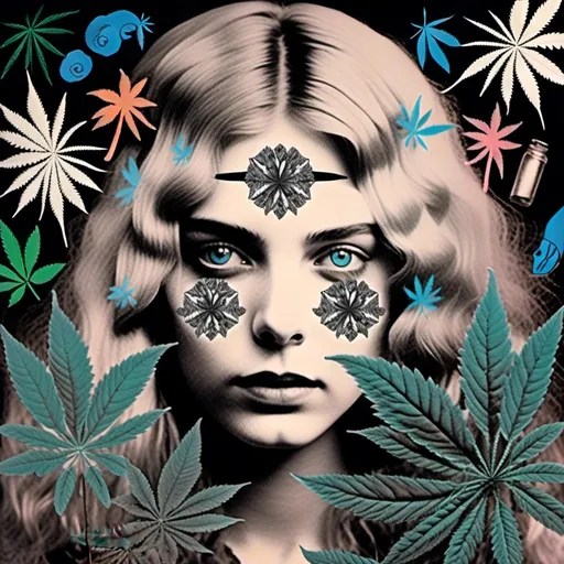 Prompt: <mymodel>Mixed media collage of a girl with long blond curly hair and blue eyes, black and white photograph, cannabis leaves, mushrooms, smoke and fractals in the background, hand-colored, high contrast, psychedelic, detailed facial features, vintage style, atmospheric lighting