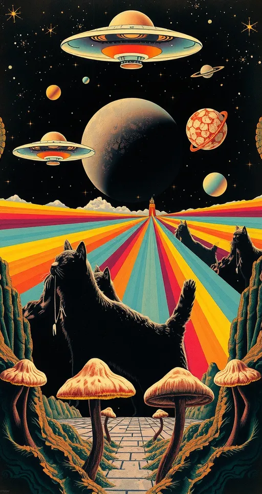 Prompt: <mymodel> Vintage 70s psychedelic surreal sci-fi Collage, analog, cut & paste, outer space, rainbows, spectrum, optical illusions/trippy patterns, surreal alien landscapes, UFOs, « little green men », psilocybin mushrooms, geometric shapes , planets, orbs, black night sky with stars, in the center, cats, 