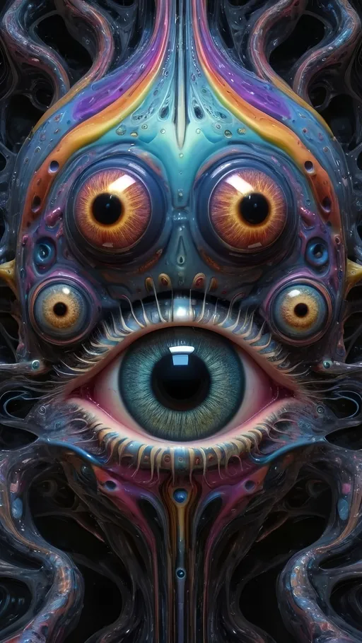 Prompt: Surreal psychedelic non-humanoid creature, ultra realistic hyperrealism beyond human comprehension, entity, trippy, crazy inhuman eyes, multidimensional, fractal, noneuclidien geometries geometric shapes tesseracts, melting, drips, hyper dimensional, drippy, aura, alien, extraterrestrial, extra dimensional,bizarre, ineffable, numinous, counsciousness, strange, unnerving but beautiful, biolocal, mechanical, blobs, atoms, particals, eyes