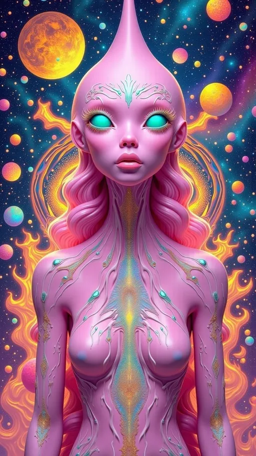 Prompt: **Prompt:**  
"A surreal retro-psychedelic collage featuring a pink alien humanoid with a sleek, elongated head that tapers elegantly at the top, her skin glowing with a bioluminescent shimmer. Her voluminous, curly neon-pink hair cascades like candy floss, framing her exaggerated, oversized pouty lips, which are plush, glossy, and irresistibly kissable, glowing faintly as if charged with cosmic energy. Her large, almond-shaped eyes dominate her face, their irises shifting like liquid opals between lavender, cerulean, and gold, with pearlescent white sclera adding an ethereal intensity to her gaze. Delicate, glowing markings in the shape of constellations trace her temples, hinting at her celestial origins. She wears a holographic pink latex space suit that clings to her form and radiates iridescent hues, reflecting the swirling starlight around her.  

The background is a chaotic, surreal expanse of space, blending vibrant, swirling galaxies in magenta, turquoise, and orange with retro 1960s-style patterns, like checkerboards, spirals, and melting shapes. Planets with glittering rings float alongside distorted, vintage sci-fi spaceships, while glowing nebulae twist into optical illusions. The entire scene feels like a trippy, cosmic fever dream, with textures and colors bleeding together in a kaleidoscopic haze. The composition has an agog finish, with every detail exaggerated and vibrating with energy, as though the universe itself is alive and pulsing in sync with her presence. This alien goddess is both glamorous and surreal, a living embodiment of cosmic psychedelia."  

retro analog style finish 