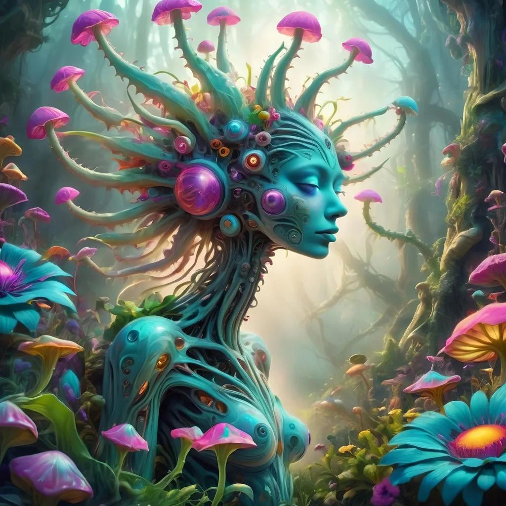 Prompt: a hyper realistic psychedelic hallucination of a surreal dreamlike creature that is simultaneously organic plant,  and light and mechanical. Psychedelic trippy flower creature, floral, dreamlike