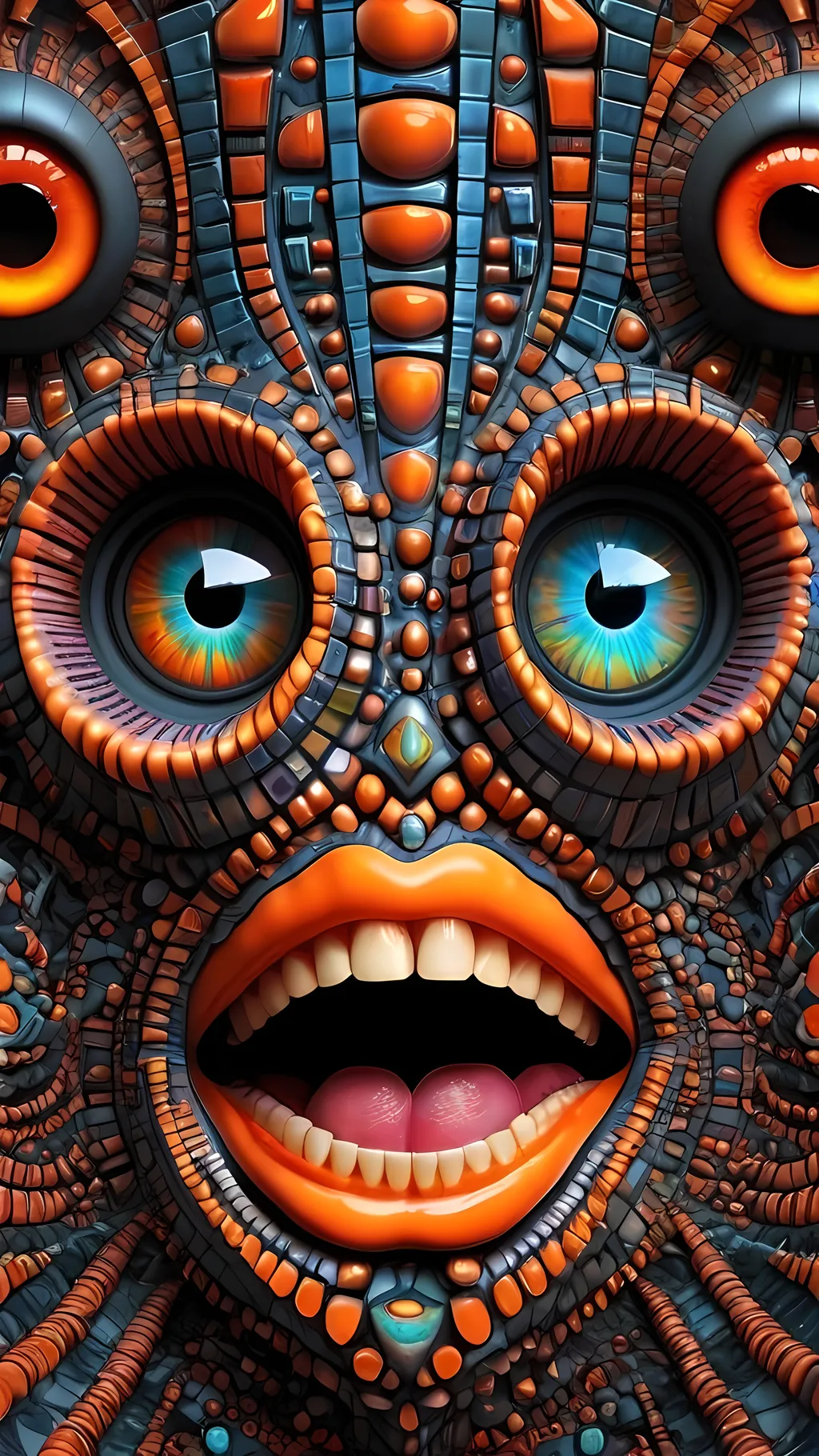 Prompt: Create an extremely hyper-realistic, ultra super textural, weird, trippy, surreal, psychedelic eyes/teeth/mouth pattern/design based on the “labyrinth fractal” & “op art tiling” with lots of human eyes (crazy colorful compound psychedelic), rows of human teeth, human lips, and tongues. 

- **Colors**: determined by the natural properties and expressions of the elements (& their isotopes), raw rough minerals, and metals:
- Molybdenum (Mo)
- Fire Opal

**Shapes and forms**
- main form: “labyrinth fractal”
-other shapes determined by the natural properties and expressions of the elements (& their isotopes), raw rough minerals, metals, and biological organisms: 
- Molybdenum (Mo)
- Fire Opal

- **Textures**: Derived from any/all elements (& their isotopes), minerals, metals, crystals, organic things mentioned in this prompt: 
- “labyrinth fractal”
- Molybdenum (Mo)
- Fire Opal

**Composition and Layout**:
- a pattern/design based on “labyrinth fractal”
- 3 dimensional


**Lighting**
- lots and lots of bright shining reflective light
- opalescence


**Detail and Atmosphere**:
- Extreme hyperrealistic sharp high detail high definition organic and mineral textures
- Psychedelic, weird, odd, surreal atmosphere
- Frozen in time

**Additional Elements**:
- extra rows of teeth, lips, many eyes, “labrynth fractal”, Aventurescence, Chatoyancy
