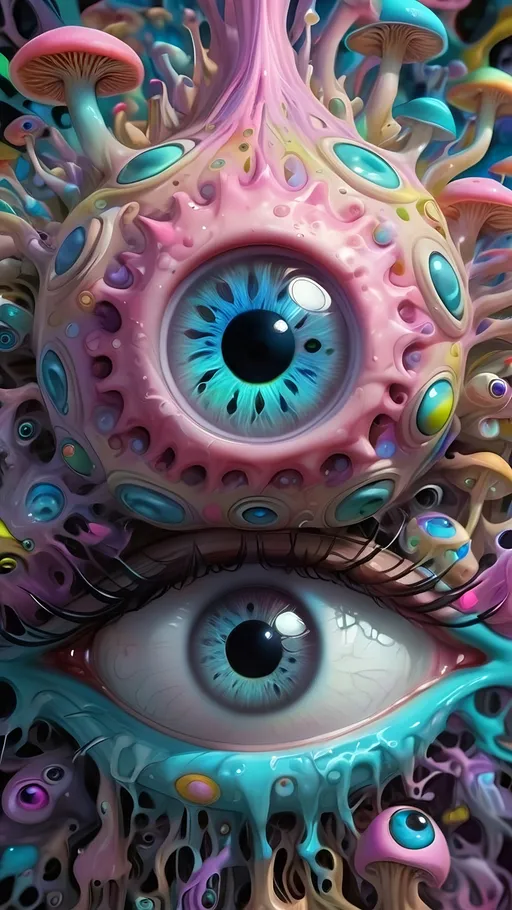 Prompt: Psychedelic, alien psychedelic eyes, weird, surreal, bizarre, ineffable, entity, numinous, lots of crazy weird inhuman psychedelic trippy eyes, melting, trippy, reality breaking down, hallucinations, drippy, dissolutionment, blobs,atoms, electrons, mushrooms, fractals, multidimensional, oozing, hyper cubes, geometry, fractals, third eye, big eyes, small eyes, crazy pupils, pastel colors,psychedelic hyper realism, ultra high resolution, surreal, digital art, intense lighting, bright pastel hues, abstract, confusing, looking at you, ultra detailed textures