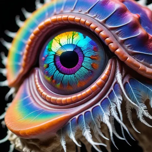 Prompt: Extremely hyperrealistic, ultra hypertextural psychedelic weird surreal hallucination entity creature, geometric interdimensional tesseract, translucent white, bright pastel colors, swirling rainbow oil slick sheen effect, lots of light,  fungus, mushroom, lots of trippy crazy psychedelic human eyes, human teeth, brains, skin, metal, silver, chrome, leather, feathers, scales, fur,  Chromatophore, pigment cell, melanophore, iridophore, leucophore, xanthophore, erythrophore, cyanophore, pigment granules, melanin, carotenoids, pteridines, guanine crystals, reflective platelets, dermal chromatophore unit, pigment dispersion, pigment aggregation, color change, adaptive coloration, cryptic coloration, aposematic coloration, structural coloration, biochromes, photophores, neuromuscular control, hormonal control, neural activation, physiological color change, morphological color change, chromatophore expansion, chromatophore contraction, cellular signaling, light reflection, light absorption, light scattering, iridescence, bioluminescence, pigment synthesis, pigment degradation, chromatophore patterning, environmental adaptation, camouflage, signaling, communication, behavioral adaptation., extreme organic textures, metallic textures
