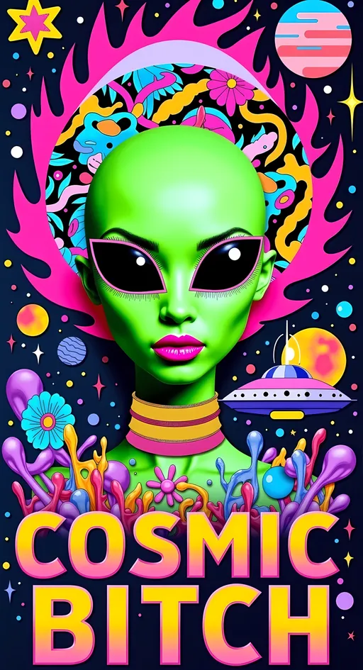 Prompt: **Cosmic Bitch - AI Art Prompt**

Create an artwork featuring the phrase "Cosmic Bitch" in a bold, sassy, girly futuristic tech font. The centerpiece is a stunning green-skinned alien female with a large somewhat conical shaped bald head & large solid black almond shaped eyes, exuding sass and confidence, dressed in avant-garde high fashion with a futuristic twist. Her ensemble is adorned with intricate accessories that scream alien chic.

Incorporate a vibrant UFO hovering in the scene, brimming with colorful lights that dance across the canvas. The background is a bustling outer space landscape, complete with an alien planet, swirling asteroids, and cosmic wonders. Alien glyphs are subtly woven into the design, adding an enigmatic touch.

The entire scene is a whirlwind of activity, filled with intricate details that draw the eye to every corner. From the tiniest star to the grandest asteroid, let no space go unadorned. The result is a masterpiece of cosmic chaos and extraterrestrial elegance.

Now, go forth and let your AI art creation shine in all its interstellar glory! 🌌👽✨