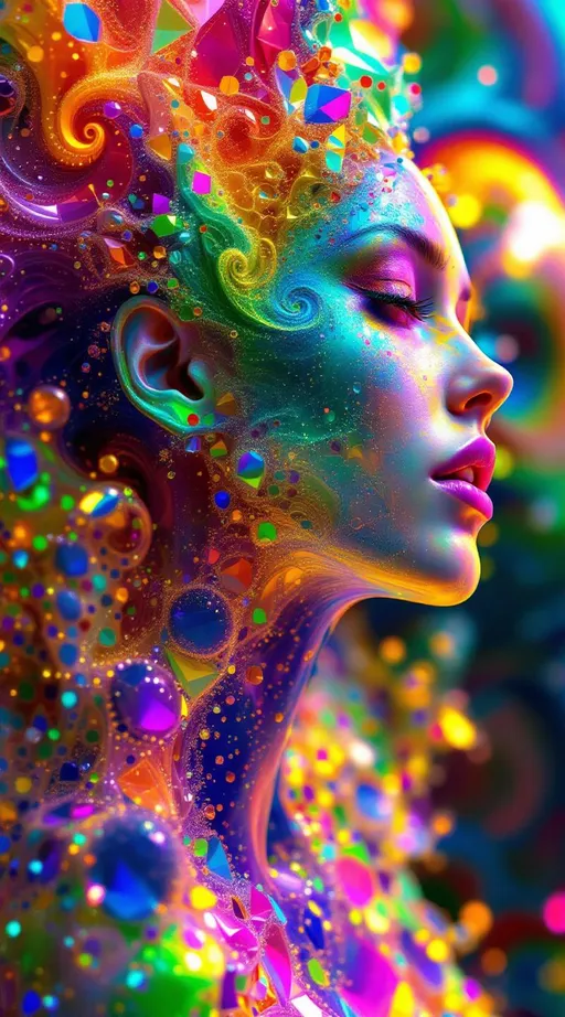Prompt: Render a female fractal entity composed of recursive rainbow geometries, her form constantly blooming and collapsing in kaleidoscopic layers. Her body is a living Mandelbrot cascade, each limb fractally subdividing into glimmering shards of rainbow light. She is born of a holofractal disco-dimension where space curves like a spinning mirror-ball and time spirals in recursive loops, echoing to the eternal pulse of a 1970s Studio 54 beat. Her skin refracts time, glittering with every possible moment reflected infinitely across crystalline facets. The background is a hyperdimensional disco fractal, merging Euclidean and curved holographic symmetries. Clothing is recursive: iridescent patterns of hexagonal tiling resembling Menger sponges, animated by syncopated light pulses.”
