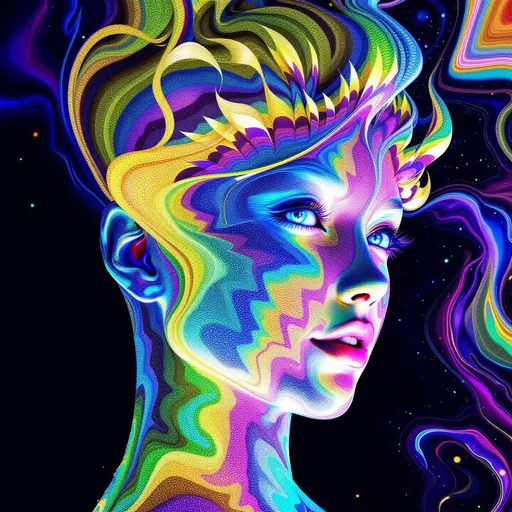 Prompt: A dazzling female face emerges entirely from living math and radiant rainbow light—no flesh, only shimmering structure. Her features are formed from a layered fusion of mathematical forces: Fourier transforms ripple across her cheeks as oscillating waves of pure chroma, while Penrose tiling lays the framework of her bone structure in quasiperiodic rainbow shards. Her eyes are formed from rotating Riemann surfaces, depth-layered and infinite, shimmering like complex-number mirrors. Her hair streams upward in Hopf fibrations woven with harmonic spirals, curling into loops of saturated neon, constantly shifting phase.

She’s birthed in a Studio 54-shaped dimension—a warped disco ball where projective geometry curves the space itself, bending mirrored facets into recursive tilings. Light is sound here: her smile pulses with sine wave interference patterns, glittering with Turing patterns that blink to the beat of a divine groove. IFS fractals bloom from her brow in iridescent motifs, shimmering like oil on water and splitting infinitely. Her entire form is animated by the music of math—she is the math—rendered in chromatic shimmer, sparkling logic, and shimmering equations.

The air sparkles with dancing dust from chaotic attractor fields, casting prismatic shadows. Her dimension is alive with recursive shine, a disco-holofractal dream woven from colored algorithms.

Tags: #Studio54MathBabe #FourierCheekbones #PenroseFace #RainbowLogic #HopfHair #DiscoMathDimension #SheIsMath #ColorMadeConscious