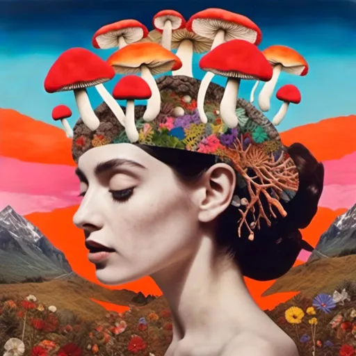 Prompt: <mymodel>Mixed media collage of a beautiful woman, mushroom headpiece, surreal atmosphere, vibrant colors, high quality, mixed media collage, surreal, vibrant colors, detailed facial features, ethereal lighting