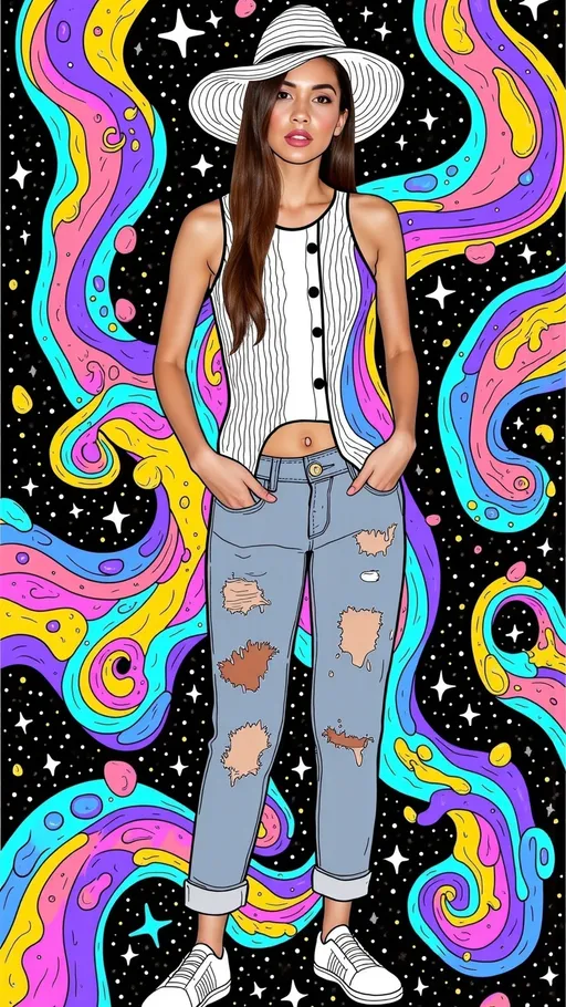 Prompt: **Prompt for AI Artwork Generation:**

"Create a photorealistic base image of a person in a casual yet stylish pose, incorporating trippy, melty psychedelic doodle vibes. Overlay bold, hand-drawn vector illustrations using thick outlines, flat saturated colors, and flowing abstract shapes. Seamlessly integrate these illustrations with the subject and background, ensuring sharp edges and clean layering. Include elements such as melting mushrooms, intricate fractals, glowing crystals, sparkling stars, and cosmic swirls. Use a contrasting color palette of vibrant neons and deep cosmic tones (e.g., purples, blues, pinks, and yellows) to make the illustrations pop. Ensure the illustrated elements align precisely with the photo, creating a cohesive, surreal, and otherworldly visual experience."