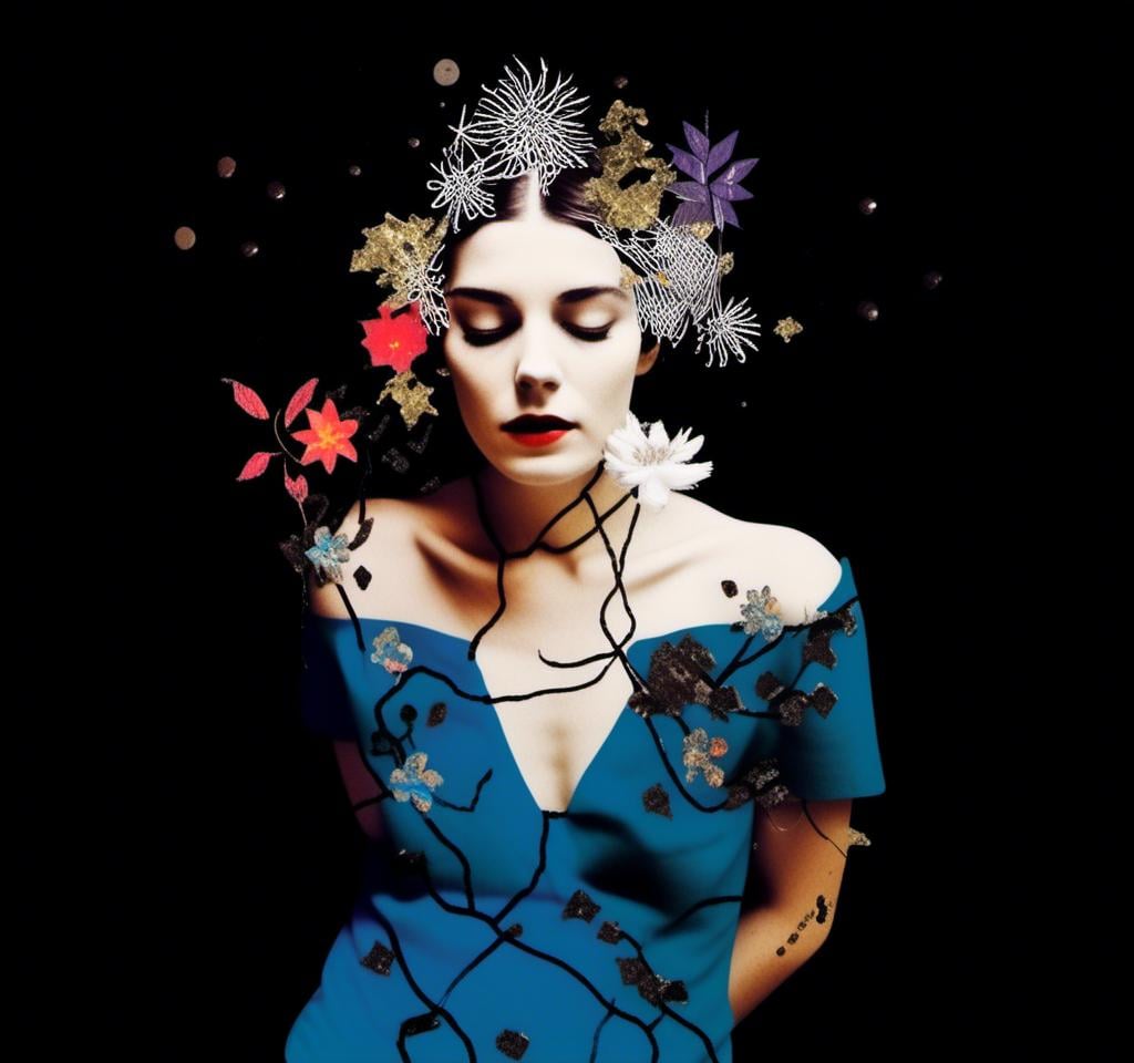 Prompt: a mixed media collage of a black and white photograph of a woman exploding with vines and leaves and flowers (mixed media in nature- paint, enamel, glitter, metallic foils and finishes, splatter, rhinestones, sequin, string, cut paper and magazine pages and more) <mymodel>seem to be blooming out of her body