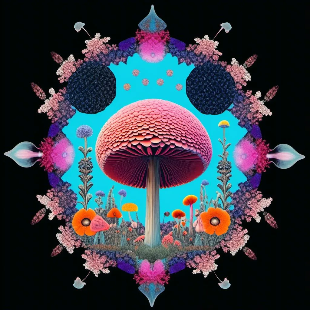 Prompt: A psychedelic collage evoking a vintage 70s sci fi feel but I stead of the sci-fi theme let’s do wildflowers. Photos and art of wildflowers spliced with things like psychedelic patterns/optical illusions, landscapes, geometry, mushrooms/fungus, insects, crystals, gemstones, the sun & moon, etc. Employ a pretty floral color pallet but keep that surreal feel in this natural organic psychedelic collage<mymodel> 