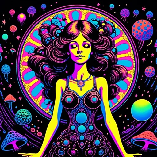 Prompt: <mymodel>Vintage 70s black light poster art illustration, girl hallucinating in space, psychedelic mushrooms, planets, moons, stars, fractals, vibrant colors, intense black light effects, detailed psychedelic girl, cosmic atmosphere, high quality, psychedelic, vintage, space, vibrant colors, fractal details, hallucination, girl illustration, retro art style, cosmic lighting