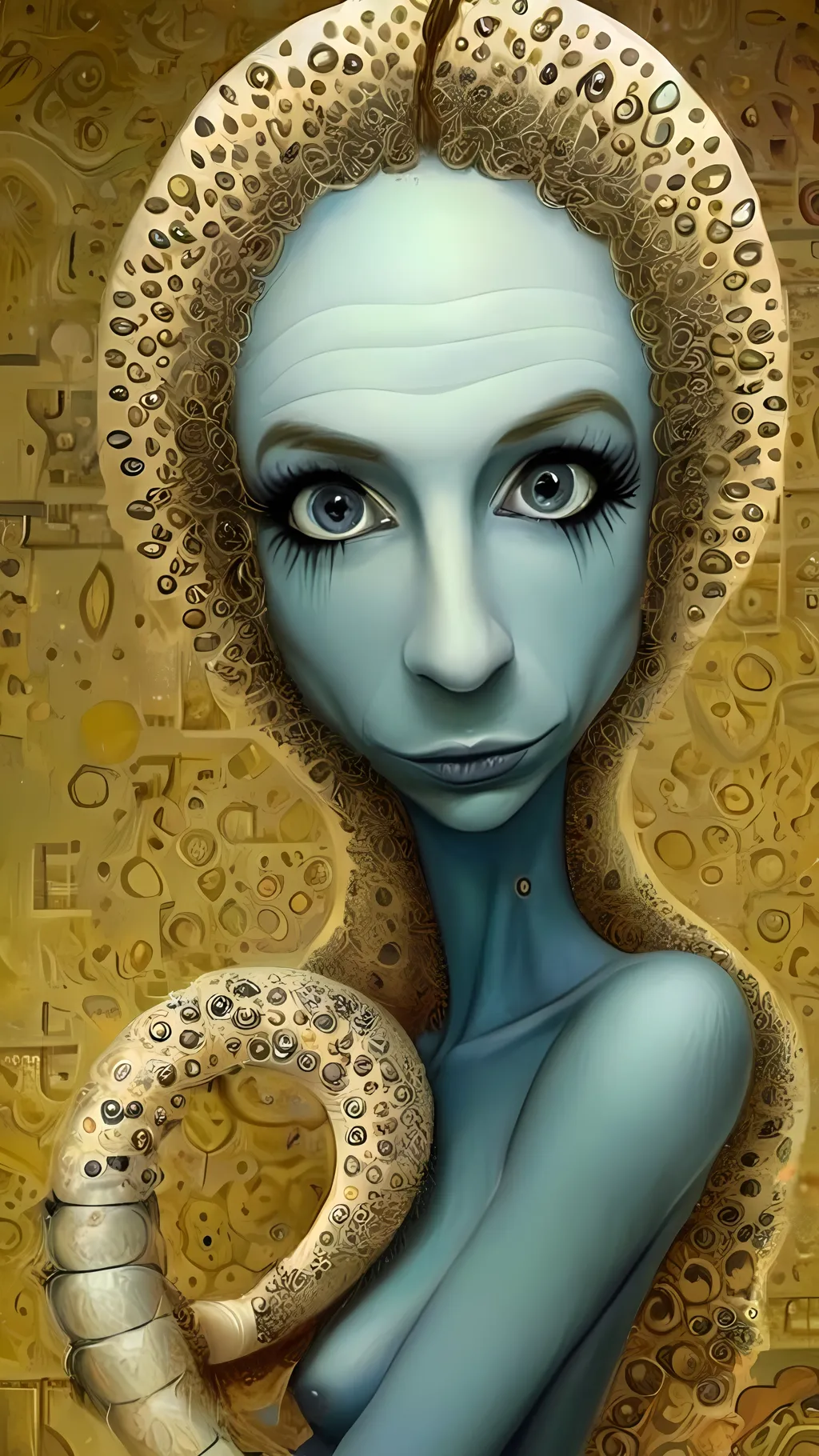 Prompt: Imagine a surreal portrait of yourself as a blue-skinned alien, inspired by the whimsical and grotesque style of Roland Topor. Your alien self has elongated limbs and exaggerated features, with large, expressive eyes that convey a sense of curiosity and mischief. The skin is a rich, cerulean blue with intricate patterns and textures, reminiscent of Topor's detailed line work. The background is a dreamlike landscape, filled with bizarre and otherworldly flora that seem to dance and sway. The overall composition is both unsettling and enchanting, capturing the essence of Topor's fantastical and absurd artistry. Key elements include surrealism, grotesque beauty, intricate patterns, and a whimsical alien world.