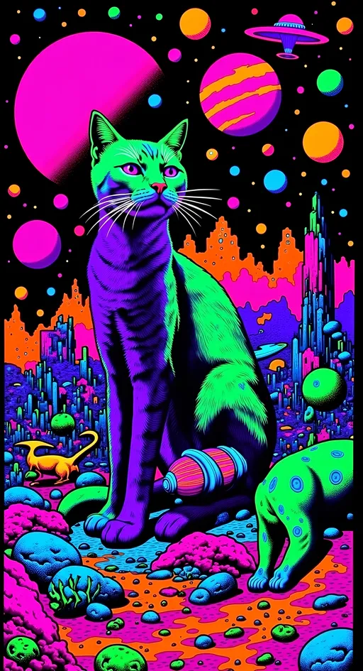 Prompt: a psychedelic collage with a vintage 70s sci-fi animation feel to it except the subject matter will be CATS IN SPACE! The collage will have elements of photography, illustration, trippy patterns and optical illusions, alien landscapes, strange trippy planets, UFOs,, meteors, all cut and spliced together in a psychedelic collage style <mymodel>