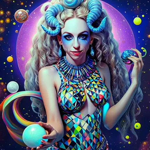 Prompt: A super hyperrealistic yet also illustrative and creative female cosmic jester, made entirely of swirling pure colored light, with long wild curly hair that appears blond but dazzles as a spectrum of hues, floats effortlessly in the heart of a kaleidoscopic nebula. Adorned in avant-garde "astral" jester's attire, her ensemble is a masterpiece of ever-shifting patterns, her definitive jester’s hat extending into infinite fractal shapes that seem to defy the laws of space. Her intricate clown makeup glows with phosphorescent neon greens, electric pinks, and ultraviolet blues, accentuating her mischievous, otherworldly charm. Around her, the stars pulse like strobes in a cosmic dance party, and she juggles shimmering orbs of liquid starlight that burst into tiny galaxies upon contact, each orb reflecting infinite multiversal possibilities. The space surrounding her vibrates with celestial harmonics, a symphony of astral wonder, while an aurora of quantum particles weaves itself into a living tapestry of harlequin diamond fractals, tiling and morphing endlessly. She sparkles and dazzles as her laughter chimes like crystalline bells, embodying the essence of cosmic whimsy and wonder, a living Möbius strip of light and joy in an infinite astral playground.