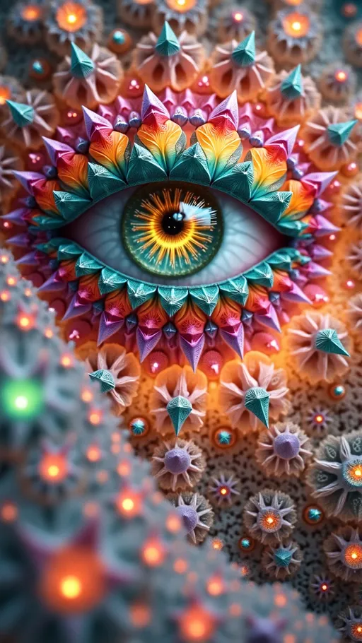 Prompt: Picture an enchanting entity emerging from a dreamlike realm defined by the mesmerizing geometry of the Sierpiński triangle. This being is composed of a vibrant array of triangular fractals, each one radiating a spectrum of colors—think deep indigos, luminous greens, and fiery oranges—creating a stunning visual symphony. The triangles shift and shimmer, appearing as if they’re alive, pulsating with energy.

Its face is a captivating collage of fractal patterns, with eyes that resemble miniature Sierpiński triangles, each reflecting swirling cosmic scenes and ethereal light. The mouth is a whimsical curve lined with iridescent teeth shaped like tiny pyramids, each one sparkling with a different hue as they catch the light.

Surrounding the entity is a fantastical landscape of rolling triangular hills, each layer intricately tiled with swirling patterns that mimic the fractal design. The ground is carpeted with bioluminescent plants, glowing in shades of teal and lavender, while triangular flowers bloom in vibrant colors, their petals opening and closing in a rhythmic dance.

Microscopic wonders abound, with **quasicrystals** spiraling upward, their complex patterns refracting light into a dazzling array of colors. Tiny **quantum dots** flit about like shimmering butterflies, leaving trails of iridescent light as they move. Interspersed are **Buckyballs** that float gracefully, reflecting the vibrant geometry of the landscape and adding to the surreal atmosphere.

Above, the sky is a kaleidoscope of shifting colors, with clouds shaped like interlocking triangles that seem to ripple and flow. Shooting stars streak across the horizon, trailing fractal patterns that echo the Sierpiński design, inviting viewers into a world where the beautiful and the bizarre coexist in harmonious chaos.