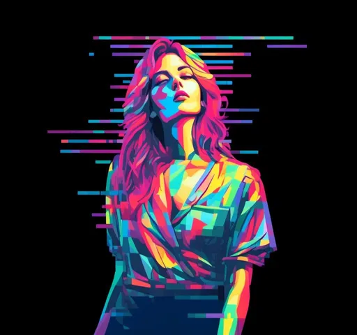 Prompt: <mymodel>Colorful glitchy 90s video game scene with a woman, retro pixel art, vibrant colors, glitch effects, high quality, retro gaming, 16-bit, pixel art, glitchy visuals, woman character, colorful environment, pop art style, vibrant lighting