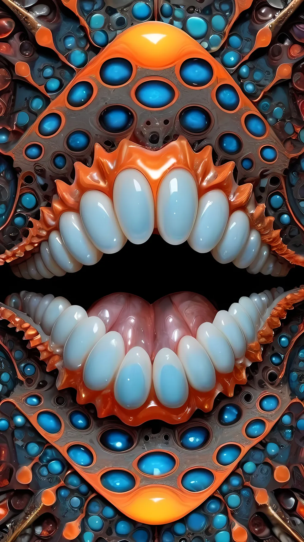 Prompt: Create an extremely hyper-realistic, ultra super textural, weird, trippy, surreal, psychedelic eyes/teeth/mouth pattern/design based on the “labyrinth fractal” & “op art tiling” with lots of human eyes (crazy colorful compound psychedelic), rows of human teeth, human lips, and tongues. 

- **Colors**: determined by the natural properties and expressions of the elements (& their isotopes), raw rough minerals, and metals:
- Molybdenum (Mo)
- Fire Opal

**Shapes and forms**
- main form: “labyrinth fractal”
-other shapes determined by the natural properties and expressions of the elements (& their isotopes), raw rough minerals, metals, and biological organisms: 
- Molybdenum (Mo)
- Fire Opal

- **Textures**: Derived from any/all elements (& their isotopes), minerals, metals, crystals, organic things mentioned in this prompt: 
- “labyrinth fractal”
- Molybdenum (Mo)
- Fire Opal

**Composition and Layout**:
- a pattern/design based on “labyrinth fractal”
- 3 dimensional


**Lighting**
- lots and lots of bright shining reflective light
- opalescence


**Detail and Atmosphere**:
- Extreme hyperrealistic sharp high detail high definition organic and mineral textures
- Psychedelic, weird, odd, surreal atmosphere
- Frozen in time

**Additional Elements**:
- extra rows of teeth, lips, many eyes, “labrynth fractal”, Aventurescence, Chatoyancy
