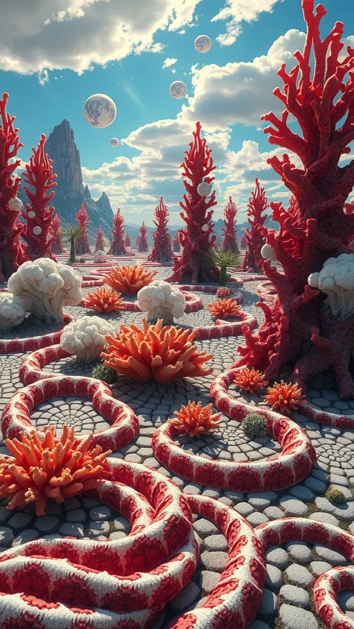 Prompt: An extremely super hyperrealistic weird trippy surreal scene. Envision a landscape where the ground is a tapestry of coral patterns, their intricate, branching structures weaving through the terrain like a living mosaic. These patterns are interspersed with the swirling, dragon-like shapes of the Dragon Curve, adding a sense of dynamic movement and chaos.

Towering structures resembling the lattice-like form of Clathrus ruber rise from the ground, their bright red, cage-like forms casting intricate shadows. Nearby, the curly, cauliflower-like masses of Sparassis crispa add a touch of organic complexity, their frilly lobes catching the light in unexpected ways.

The sky is a kaleidoscope of colors, with the iridescent flashes of labradorescence from Labradorite and the deep azure hues of Azurite blending seamlessly. Bismuth formations with their geometric, metallic sheen create a surreal horizon, while the opalescent play-of-color from Opal shimmers in the air, casting spectral hues across the scene.

Microscopic patterns of Actinomma radiolarians and Ammonia tepida foraminifera float through the air, their spherical forms and spiral shells adding delicate, intricate details to this dreamlike environment. Malachite's vibrant green bands weave through the landscape, creating a striking contrast against the otherworldly backdrop.

This surreal landscape is a harmonious blend of natural and mathematical beauty, a psychedelic tapestry of colors, textures, and forms that invites the viewer to explore its infinite complexities.