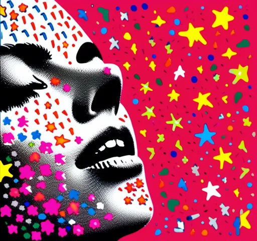 Prompt: <mymodel>Black and white halftone photograph of a girl, exploding with colorful multimedia stars, sparkles, and electric lightning bolts, created from paint, glitter, enamels, metal foils, iridescent paint, rhinestones, seed beads, dynamic and vibrant, high contrast, mixed media, dazzling explosion, detailed face and expression, high quality, highres, multimedia explosion, dynamic lighting, contrasted shadows, black and white, mixed media art