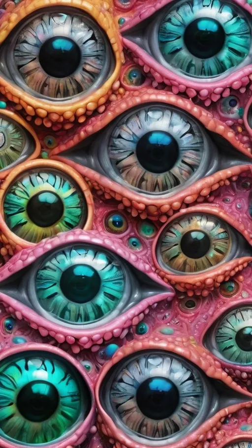 Prompt: an extremely hyper realistic ultra super textural weird trippy surreal psychedelic entity, hexaflake, ,,, translucent, silver, clear, bright vivid teals, pinks/yellows/greens, black charcoal, lots and lots of light, lots of crazy colorful compound psychedelic human eyes, rows of human teeth, fungus,  atoms, diatoms,, hexaflake