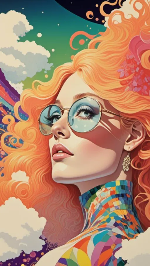 Prompt: <mymodel> psychedelic poster art illustration fashion, woman with long blond curly hair, vibrant colors, detailed psychedelic patterns, high quality, poster art style, bright and vibrant tones, curly hair with intricate details, retro fashion, surreal atmosphere