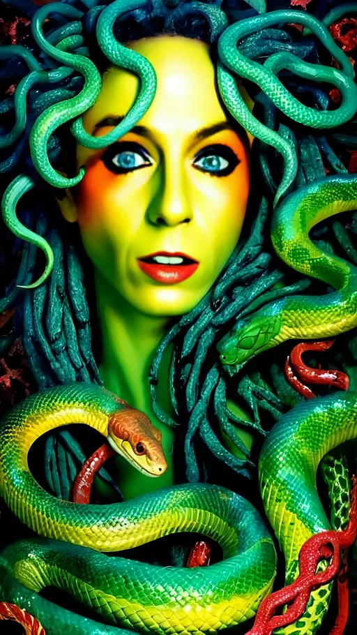 Prompt: Photorealistic illustration of a mesmerizing Medusa, vibrant and psychedelic, lifelike snakes for hair, intense and captivating gaze, hyper-detailed scales and textures, surreal background, high quality, photorealism, psychedelic, lifelike, intense gaze, detailed scales, mesmerizing, vibrant colors, surreal background