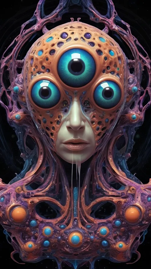 Prompt: Surreal psychedelic creature, beyond human comprehension, entity, trippy, crazy inhuman eyes, multidimensional, fractal, noneuclidien geometries geometric shapes tesseracts, melting, drips, hyper dimensional, drippy, aura, alien, extraterrestrial, extra dimensional,bizarre, ineffable, numinous, counsciousness, strange, unnerving but beautiful, biolocal, mechanical, blobs, atoms, particals, eyes