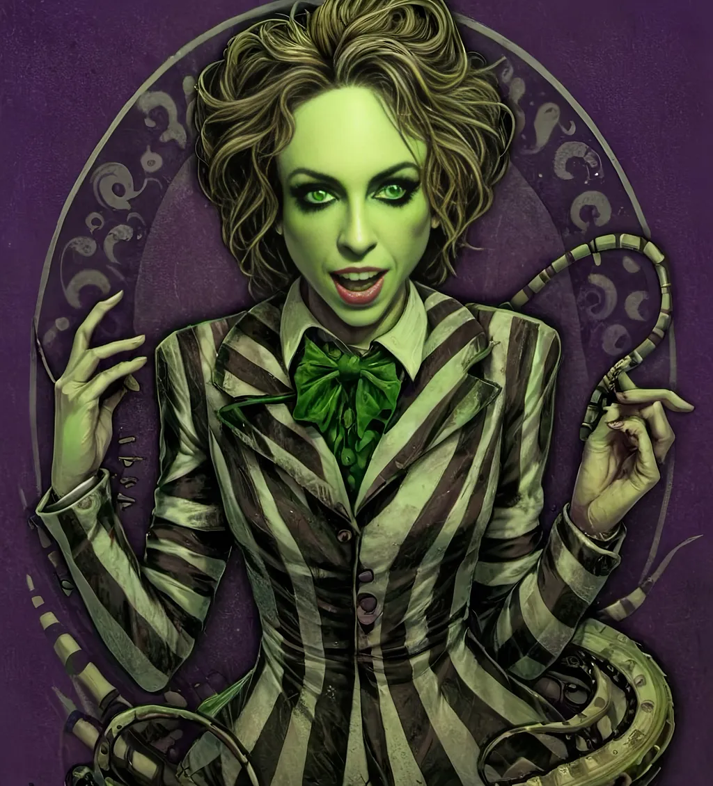 Prompt: <mymodel>Beetlejuice-themed illustration with Tim Burton aesthetic, sandworm, purple, neon green, black, textured pattern, high-quality, detailed, Tim Burton style, cartoon, dark tones, eerie lighting, sandworm texture, Beetlejuice aesthetic, vivid colors, eerie atmosphere, gothic, haunting, neon accents, detailed patterns, spooky, beetlejuice, highres, textured, neon, eerie, detailed texture, Tim Burton style, haunting, vivid colors