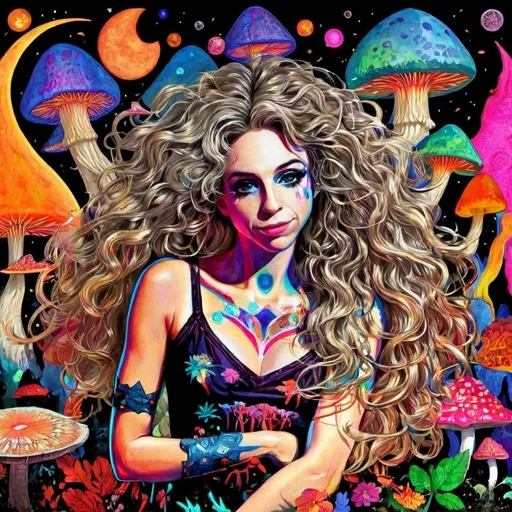 Prompt: A psychedelic trippy bright colorful vivid black light poster illustration of a girl with longish blond curly hair, with psychedelic magic mushrooms, trippy hallucinations, optical illusions and patterns, crystals, moss, forest, moon, geometry fractals