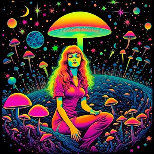 Prompt: <mymodel>Vintage 70s black light poster art illustration, girl hallucinating in space, psychedelic mushrooms, planets, moons, stars, fractals, vibrant colors, intense black light effects, detailed psychedelic girl, cosmic atmosphere, high quality, psychedelic, vintage, space, vibrant colors, fractal details, hallucination, girl illustration, retro art style, cosmic lighting