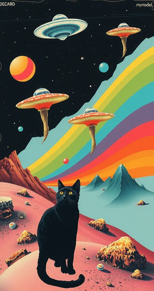 Prompt: <mymodel> Vintage 70s psychedelic surreal sci-fi Collage, analog, cut & paste, outer space, rainbows, spectrum, optical illusions/trippy patterns, surreal alien landscapes, UFOs, « little green men », psilocybin mushrooms, geometric shapes , planets, orbs, black night sky with stars, in the center, cats, 