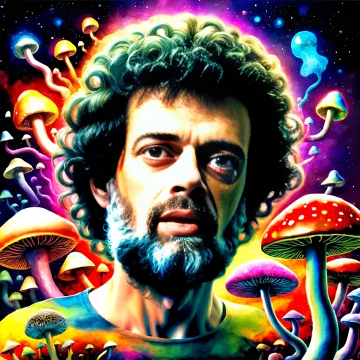 Prompt: Psychedelic poster art illustration of Terence McKenna with brain and psychedelic mushrooms, vibrant and surreal, high detailed, mixed media, trippy color palette, surreal lighting, detailed facial features, psychedelic, surreal, vibrant colors, detailed mushrooms, intricate brain, poster art, high quality, detailed illustration, mixed media, intense and surreal lighting