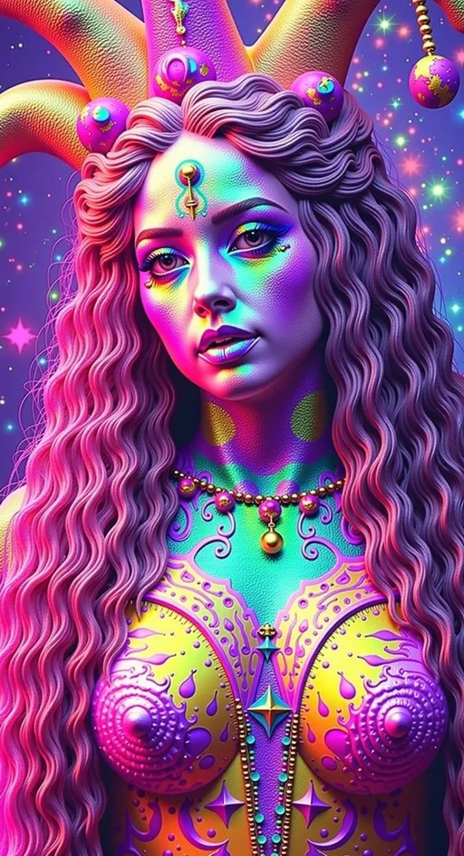 Prompt: Create a super hyperrealistic, finely detailed psychedelic Nouveau illustration of a Cosmic Jester. Feature the word MERRYPRANXTERworked organically into the background somehow.  This enchanting character is a merry prankster of the cosmos, an astral jokester dancing through time and space. She exudes a jester vibe, wearing feminine holographic jester attire & makeup with a feminine, harlequin twist. Not human, but humanoid, she is crafted from vibrant colored light, embodying an extra-dimensional extraterrestrial essence. Her presence is a beacon of joy, as she laughs and twirls through the cosmic astral realms, elevating vibes wherever she roams. 

Her beauty is otherworldly, with long, curly hair that shimmers like a cascade of colored light, appearing blonde yet transcending earthly hues. Her eyes sparkle with mischievous wisdom, and her attire is a dazzling array of intricate patterns and swirling colors, reminiscent of both jester garb and celestial phenomena.

Incorporate the text "the merrypranxter" above her in smaller, elegant lettering, seamlessly blending into the cosmic background. This text should capture the essence of her playful spirit, as if it were a whisper from the universe itself. The illustration should radiate her vibrant energy, portraying her as a timeless wanderer spreading joy and wonder throughout the cosmos.