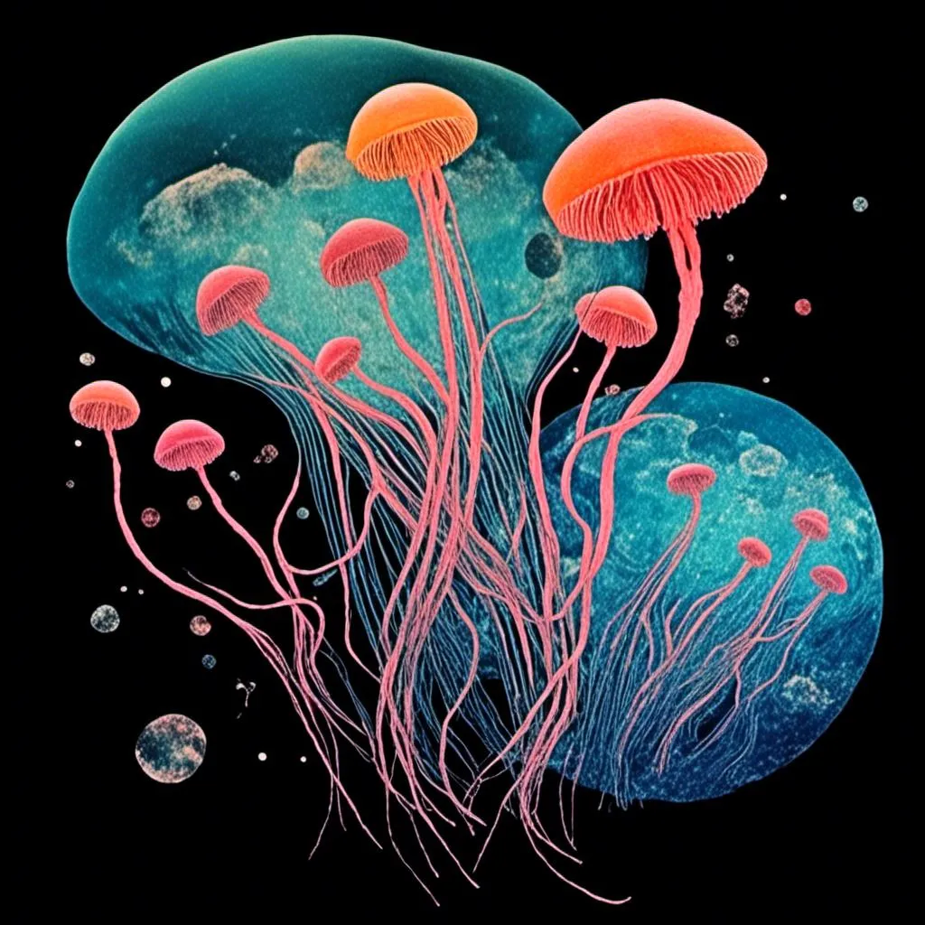 Prompt: <mymodel>A psychedelic surreal collage featuring photographs and art of jellyfish in space, spliced with photos/art of bubbles, optical illusions/trippy psychedelic patterns, underwater seascapes, geometric shapes to create a surreal jellyfish psychedelic collage design