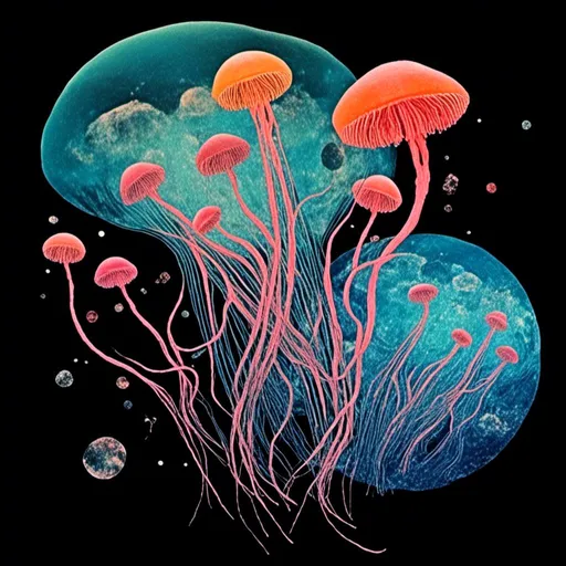 Prompt: <mymodel>A psychedelic surreal collage featuring photographs and art of jellyfish in space, spliced with photos/art of bubbles, optical illusions/trippy psychedelic patterns, underwater seascapes, geometric shapes to create a surreal jellyfish psychedelic collage design