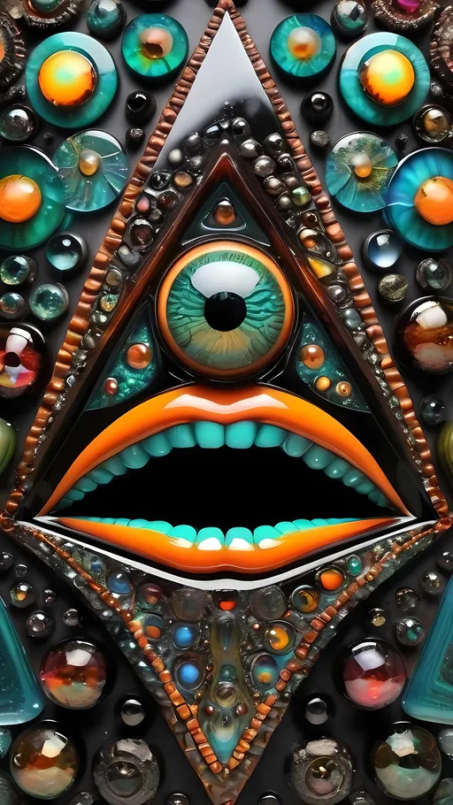 Prompt: an extremely hyper realistic ultra super textural weird trippy surreal psychedelic entity, Triangular Fractal Cascade, translucent, charcoal matte black, blown glass, iridescent finish, inlaid opal, glittering crystal accents, copper, patina, pyrite, quartz,, garnet, vandanite, bright vivid greens, teals, oranges,  lots and lots of light, lots of crazy colorful compound psychedelic human eyes, rows of human teeth, human lips, tongues, fungus,  atoms, diatoms, diatomic, algae, bryozoans, Triangular Fractal Cascade, extreme high definition organic and mineral textures