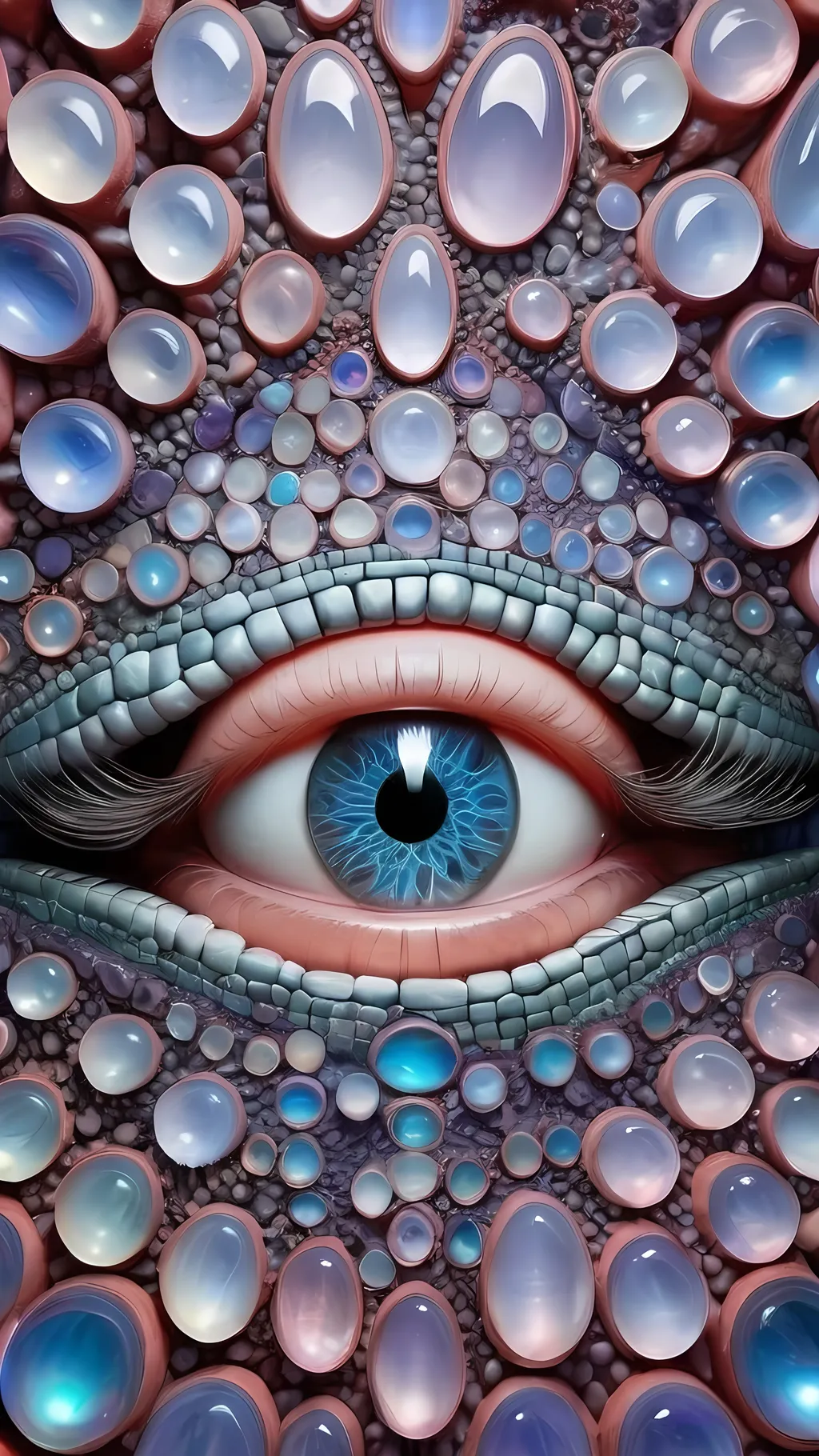 Prompt: Create an extremely hyper-realistic, ultra super textural, weird, trippy, surreal, psychedelic eyes/teeth/mouth pattern/design based on Mandelbrot & “Op Art tiling” with lots of human eyes (crazy colorful compound psychedelic), rows of human teeth, human lips, and tongues. 

- **Colors**: determined by the properties and expressions of the elements (& their isotopes), minerals, and metals: opal, moonstone, Kunzite, Fluorite, selenite, rose quartz, Palladium (Pd), “Fusarium verticillioides”

**Shapes and forms**
- Mandelbrot 
- "Op Art tiling" 
-other shapes determined by the natural properties and expressions of the elements (& their isotopes), minerals, metals, and biological organisms: opal, moonstone, Kunzite,  Fluorite, selenite, rose quartz,  Palladium (Pd), “Fusarium verticillioides”


- **Textures**: Derived from any/all elements (& their isotopes), minerals, metals, crystals, organic things mentioned in this prompt: opal, moonstone, Kunzite, Fluorite,  selenite, rose quartz, Palladium (Pd), “Fusarium verticillioides”

**Composition and Layout**:
- a pattern/design based on the Op Art tiling & Mandelbrot 

**Lighting**:
- lots of bright light
- Iridescence
- Aventurescence
- Chatoyancy
- Asterism

**Detail and Atmosphere**:
- Extreme hyperrealistic sharp high detail high definition organic and mineral textures
- Psychedelic, weird, odd, surreal atmosphere
- Frozen in time

**Additional Elements**:
- extra rows of teeth, lips, many eyes, Op Art tiling, Mandelbrot, Iridescence, Aventurescence, Chatoyancy
