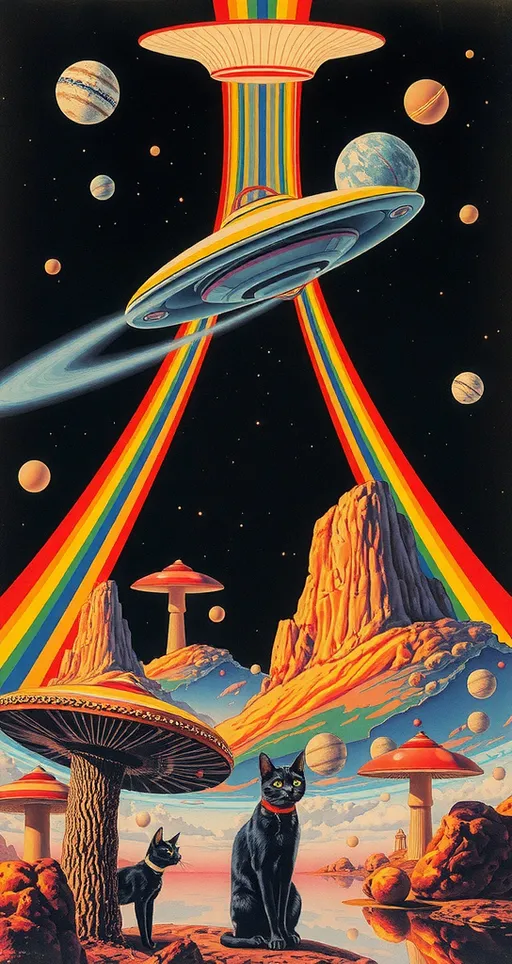 Prompt: <mymodel> Vintage 70s psychedelic surreal sci-fi Collage, analog, cut & paste, outer space, rainbows, spectrum, optical illusions/trippy patterns, surreal alien landscapes, UFOs, « little green men », psilocybin mushrooms, geometric shapes , planets, orbs, black night sky with stars, in the center, cats, 