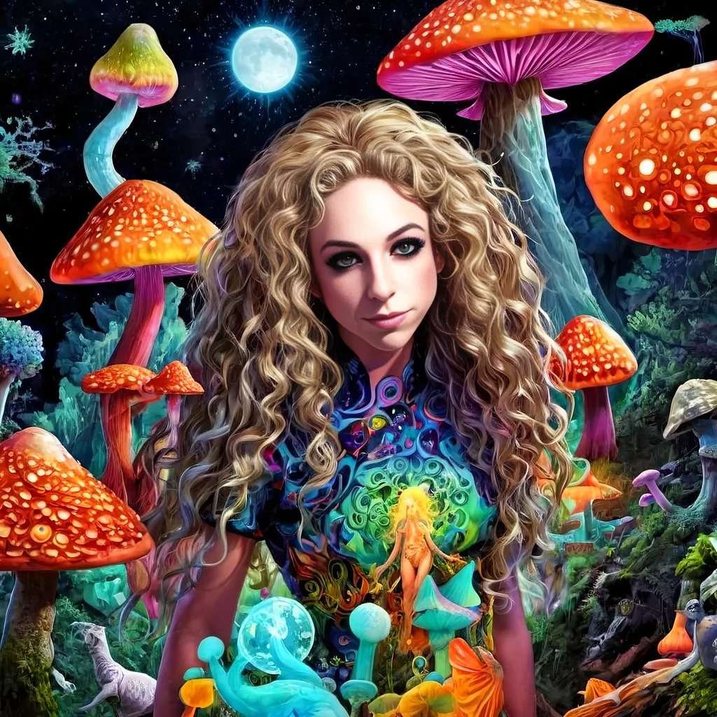 Prompt: A psychedelic trippy bright colorful vivid black light poster illustration of a girl with longish blond curly hair, with psychedelic magic mushrooms, trippy hallucinations, optical illusions and patterns, crystals, moss, forest, moon, geometry fractals