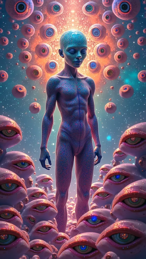 Prompt: In a dimension where quantum and math converge, a vibrant entity emerges, embodying reality as a construct. Its form pulses with colors—neon purples, electric oranges, and luminous turquoises—rippling like liquid light.

Surrounding it are psychedelic human eyes, each a kaleidoscope of patterns and colors. These eyes are mathematically arranged in logarithmic spirals and golden ratios, floating in the void with irises swirling in fractal designs, gazing deeply.

Below, rows of human mouths stretch out, adorned with vibrant, psychedelic lips. These mouths form intricate patterns, placed according to the Fibonacci sequence. Lips shimmer in iridescent hues, teeth within glistening like pearly fractals.

The background is a subtle, dreamlike wash of cosmic colors, highlighting the entity and features. It's an abstract canvas of soft blues and pinks, contrasting with the vivid foreground.

The entity stands as an anchor amidst the chaos of eyes and mouths, creating a hypnotic rhythm. This trippy landscape invites exploration of imagination's boundaries, questioning existence's nature, and reveling in the mathematical beauty of the human form in a universe where anything is possible.